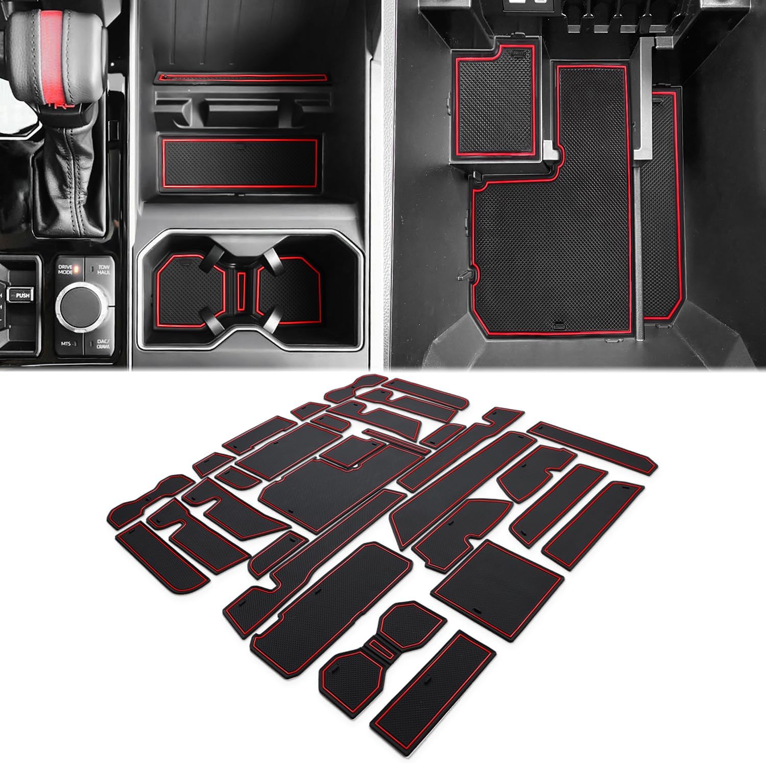 Auovo Cup Holder Insert Liners Compatible with Toyota Tundra Accessories 2026 2025 2024 2023 2022 Custom Non-Slip Cup Holder Door Pocket Liner Center Console Interior Mats (Red Trim, 31-pc Set)
