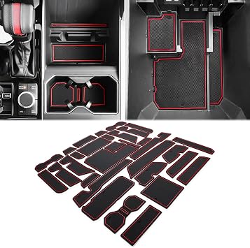 Auovo Cup Holder Insert Liners Compatible with Toyota Tundra Accessories 2026 2025 2024 2023 2022 Custom Non-Slip Cup Holder Door Pocket Liner Center Console Interior Mats Red Trim, 31-pc Set