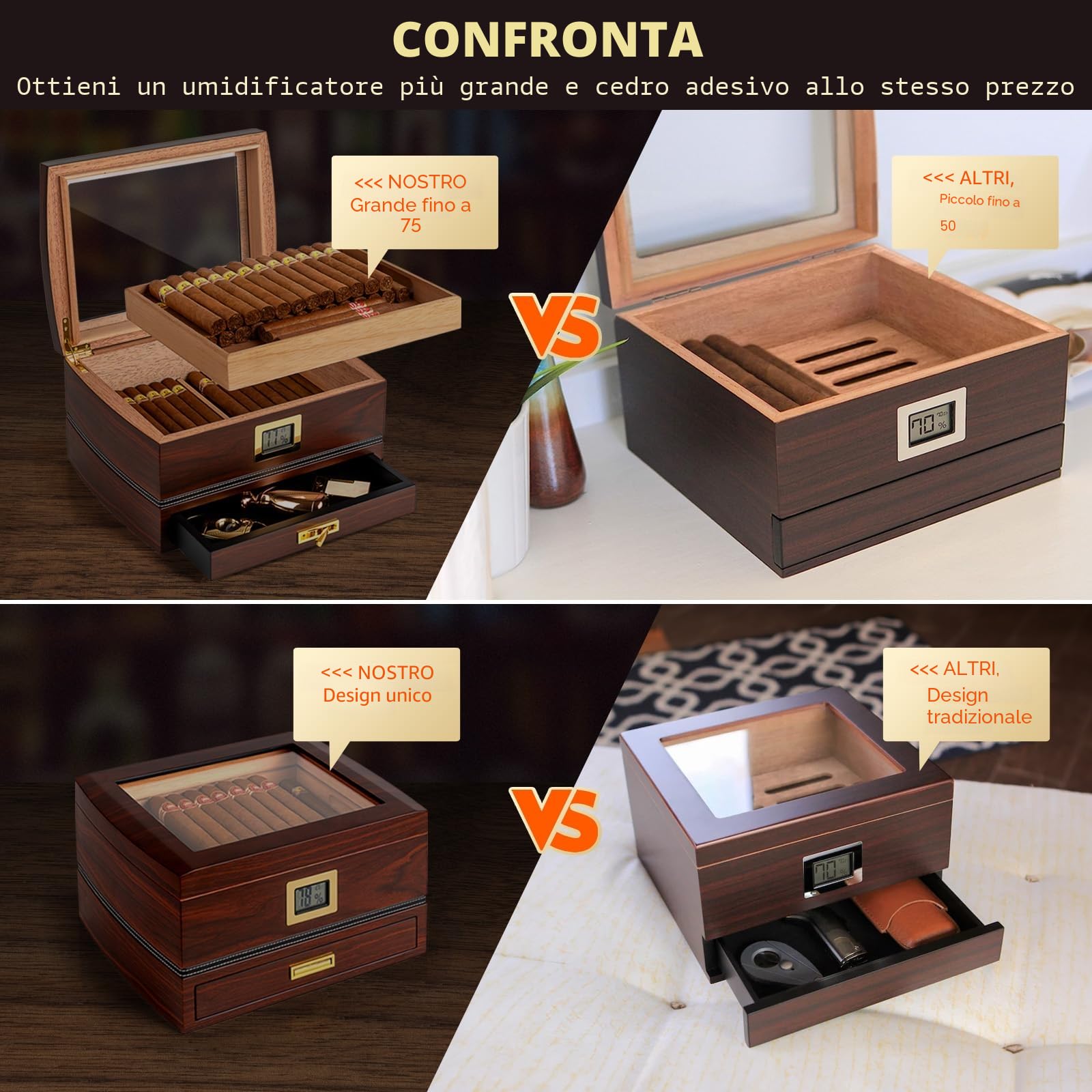 Humidor in Cedro per 75 Sigari, Igrometro, Finitura Noce | Cedro spagnolo, vetro temperato, igrometro, umidificatore, 2 divisori e cassetto accessori in feltro; fino a 75 sigari