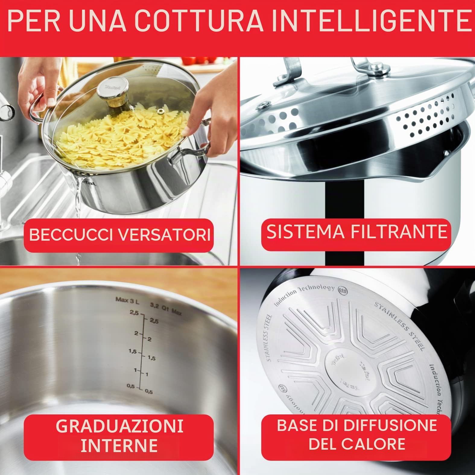 Tefal Utensili da cucina 6 pezzi, casseruola 16 cm, Pentole 20/24 cm, Coperchi in vetro, induzione, Acciaio inossidabile 18/10, Garanzia 10 anni, Base 3 strati, Duetto On A705S636