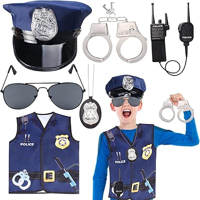 Keymall Kids Police Officer Costume 6 Pcs Cop Accessories Set Including Hat Vest Sunglasses Badge Holder Handcuff Walkie Talkie for Halloween Dress Up Party Role Playing (Set C)
