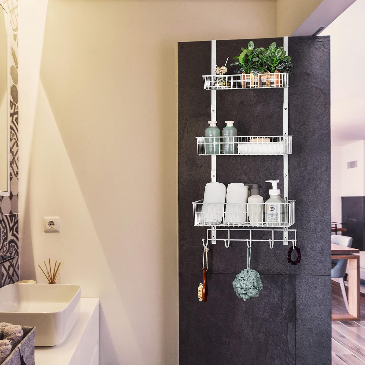 OYEAL Over The Door Basket Organizer 3 Tier Hanging Kitchen Storage Rack Heavy Duty Pantry Organizer with 3 Basket and 5 Hooks Door Back Metal Wire Basket for Kitchen, Bathroom, Office, White