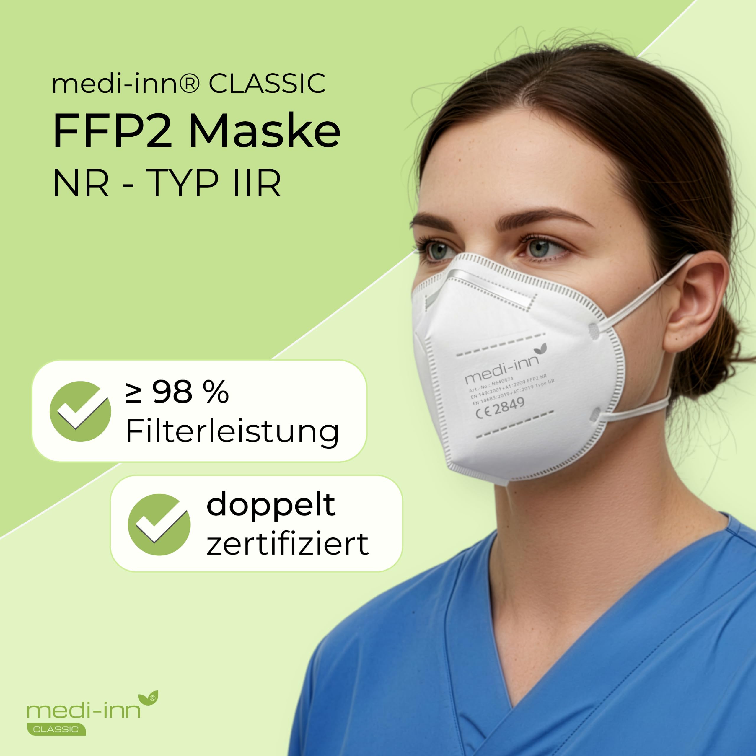 Medi-Inn+ Atemschutzmasken FFP2 NR, Typ IIR, 3-lagig, weiß (10 x 50 = 500 Stück)