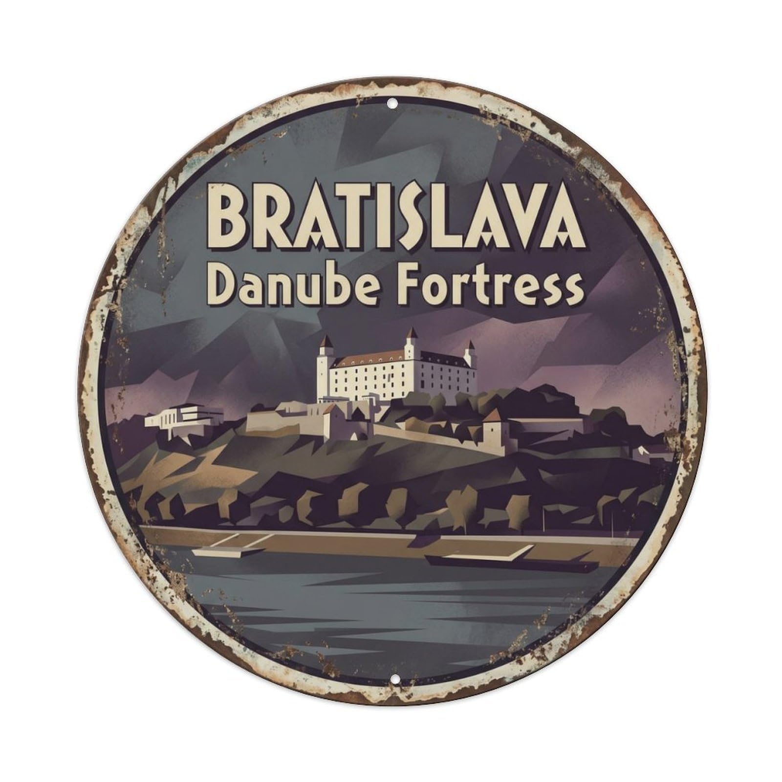 Vintage Travel Bratislava Castle Slovakia Metal Tin Sign Plaque Wall Decor for Cafe, Club Bar, Office, Home Garden Round Metal Poster 8x8Inch