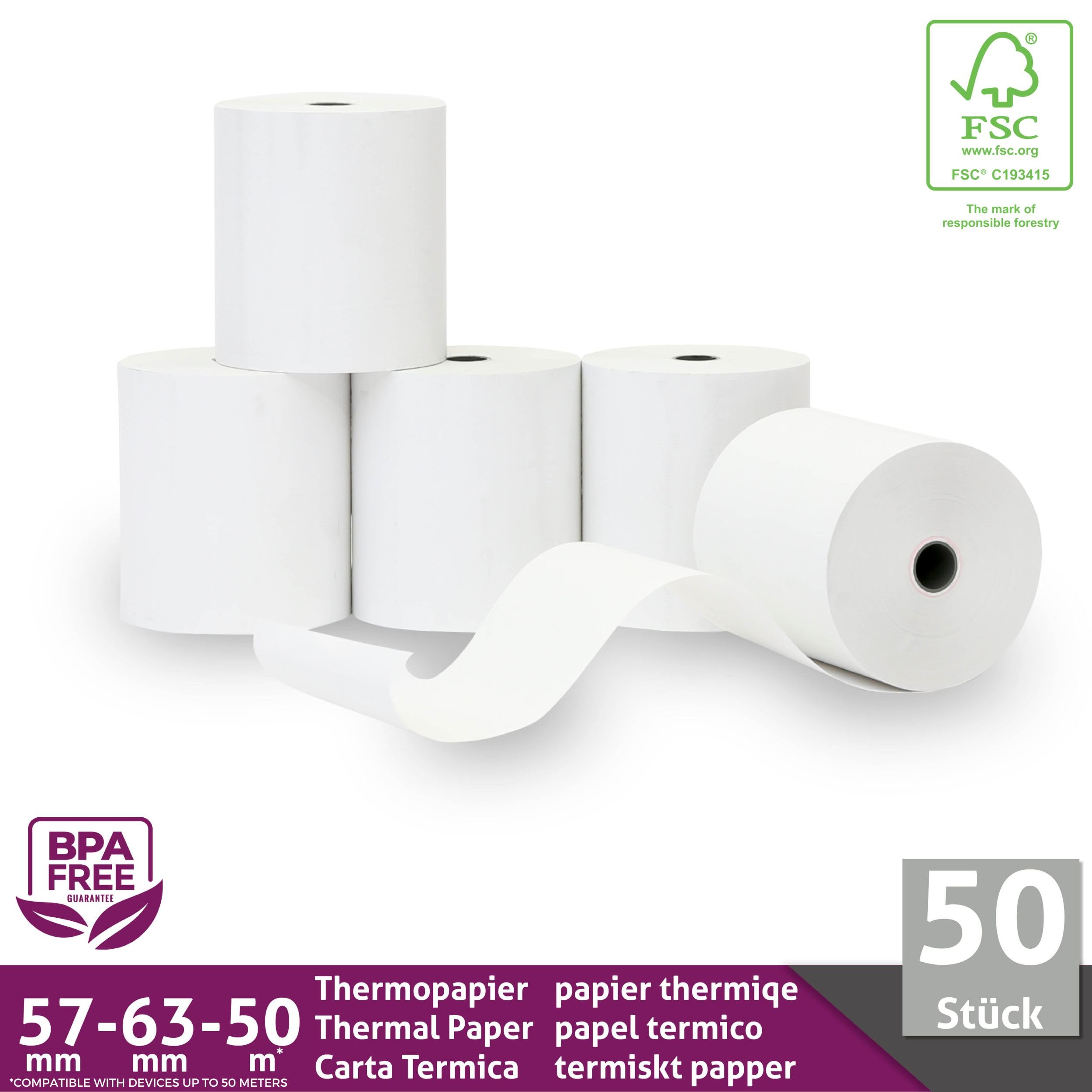 Papel térmico 57mm x 50m x 12mm - ideal para todas las cajas registradoras y TPV - Rollos para impresora térmica - (57x55x12) Blanco -Sin BPA (50 Rollos)
