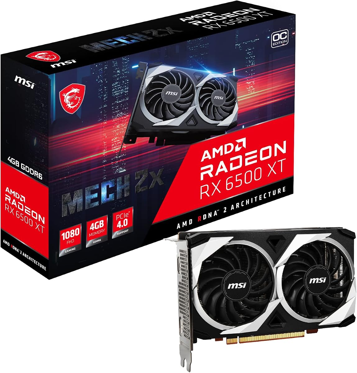 Gaming AMD Radeon RX 6500 XT 64-bit 4GB GDDR6 DP/HDMI PCIe 4 Torx Twin Fans FreeSync DirectX 12 VR Ready OC Tarjeta gráfica (RX 6500 XT MECH 2X 4G OC)