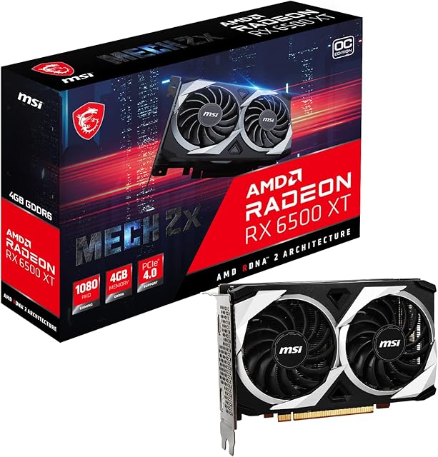 MSI Radeon RX 6500 XT MECH 2X 4G OC Gaming Graphics Card - 4GB GDDR6, 2825 MHz, PCI Express 4 x 4, 64-bit, 1 x DP v 1.4a, HDMI 2.1 (Supports 4K & 8K)