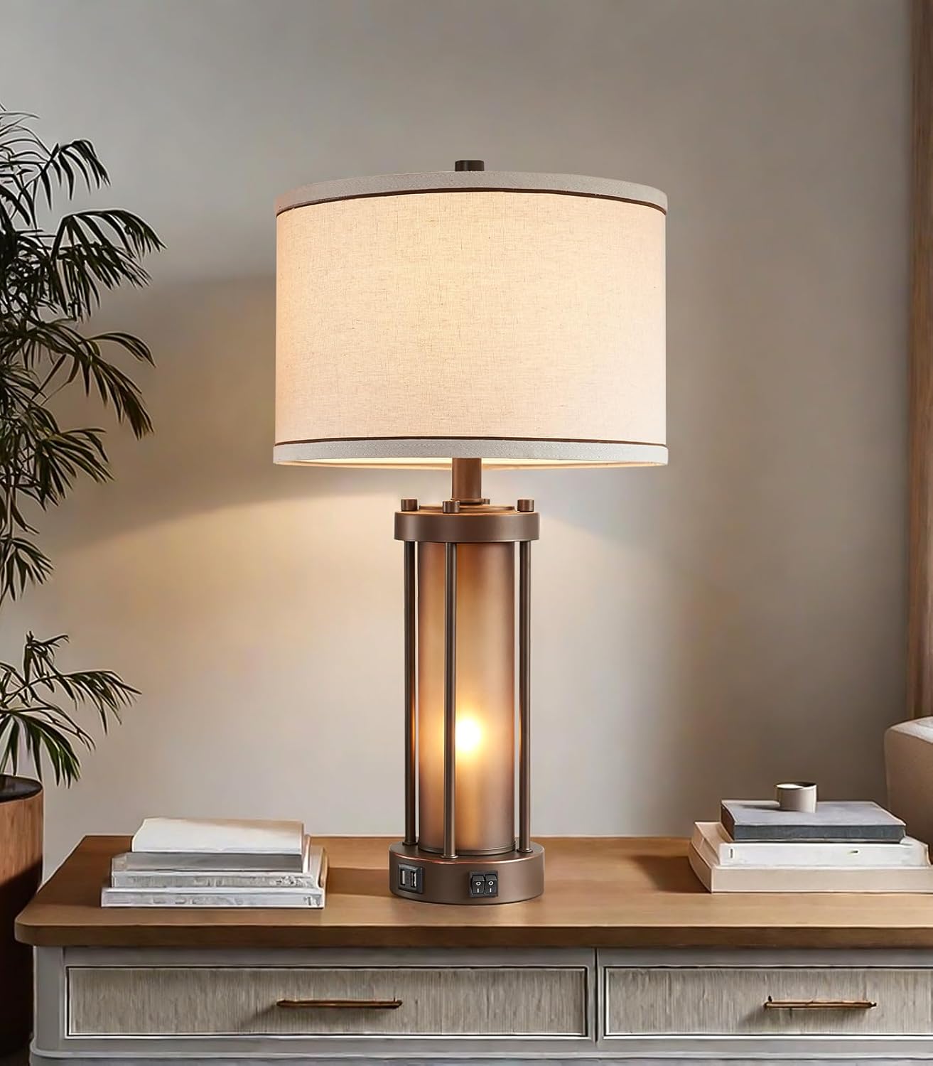 RORIA Farmhouse Table Lamps for Living Room with 2 USB Charging Ports, Vintage Rustic Nightstand Lamp with Amber Glass Nightlight, Retro Desk Lamp for Bedroom Entryway, 2 Bulbs Included