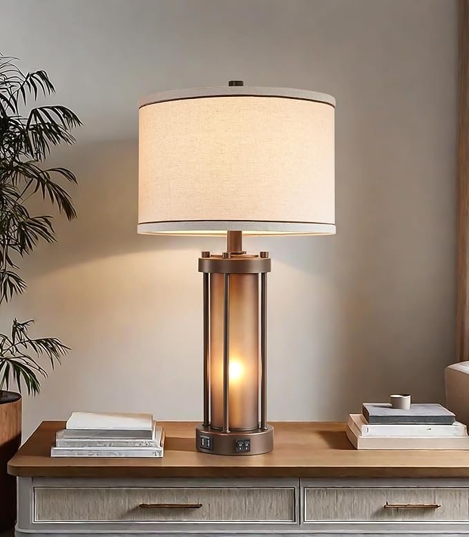 RORIA RORIA Farmhouse Table Lamps for Living Room with 2 USB Charging Ports, Vintage Rustic Nightstand Lamp with Amber Glass Nightlight, Retro Desk Lamp for Bedroom Entryway, 2 Bulbs Included