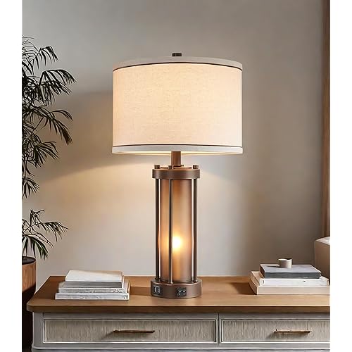 RORIA Farmhouse Table Lamps for Living Room with 2 USB Charging Ports, Vintage Rustic Nightstand Lamp with Amber Glass Nightlight, Retro Desk Lamp for Bedroom Entryway, 2 Bulbs Included
