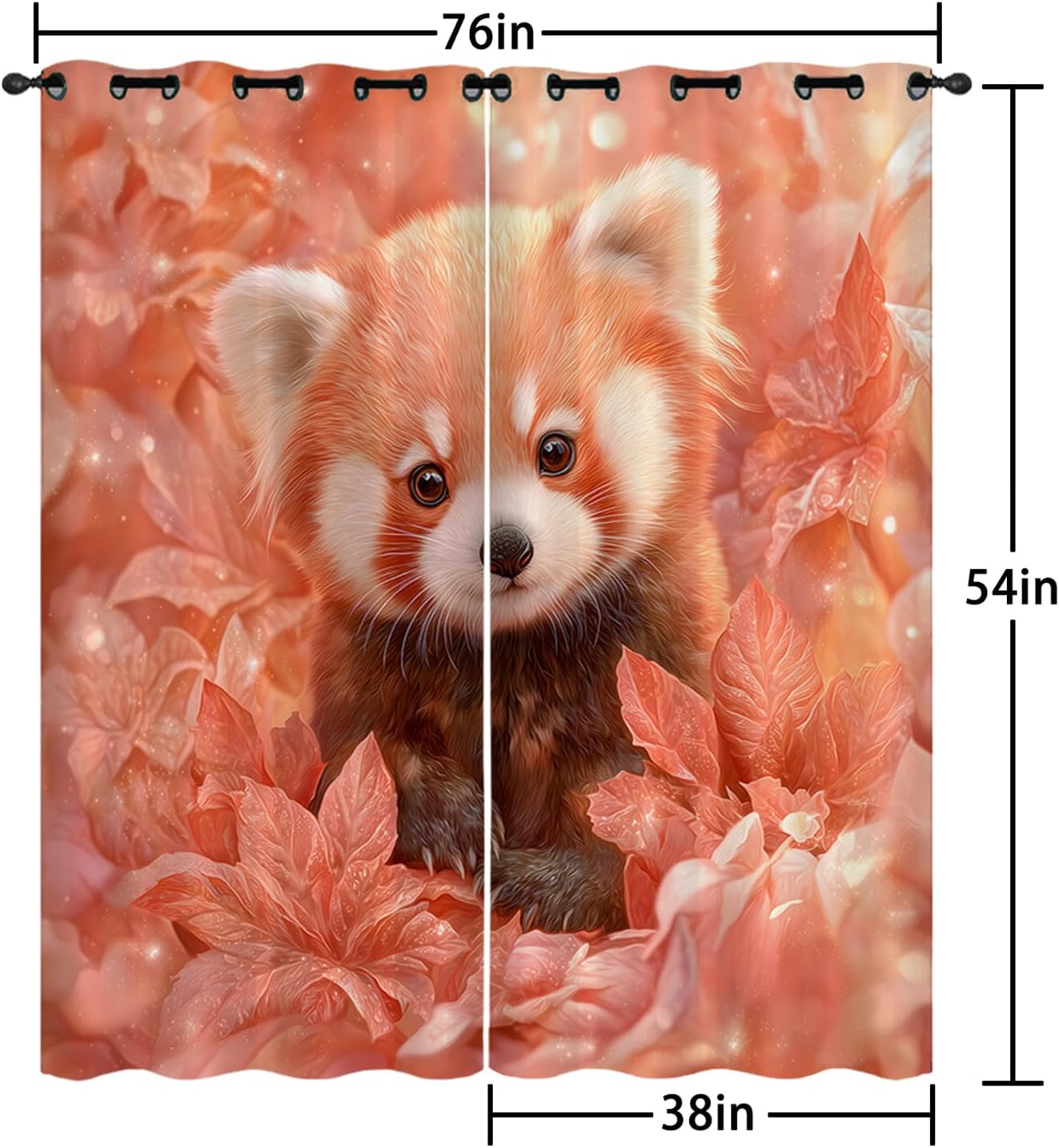 AILONEN Cute Red Panda Window Drapes for Kids Teens Girls, 38" W x 54" H,Red Maple Leaves Window Curtain,Kawaii Animal Wildlife Curtains 2 Panels