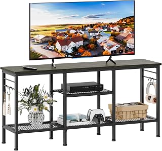 Furologee 55 Inch TV Stand Entertainment Center with Open Shelves, Soundbar Shelf & Hooks, Black Oak Media Console for Living Room Bedroom