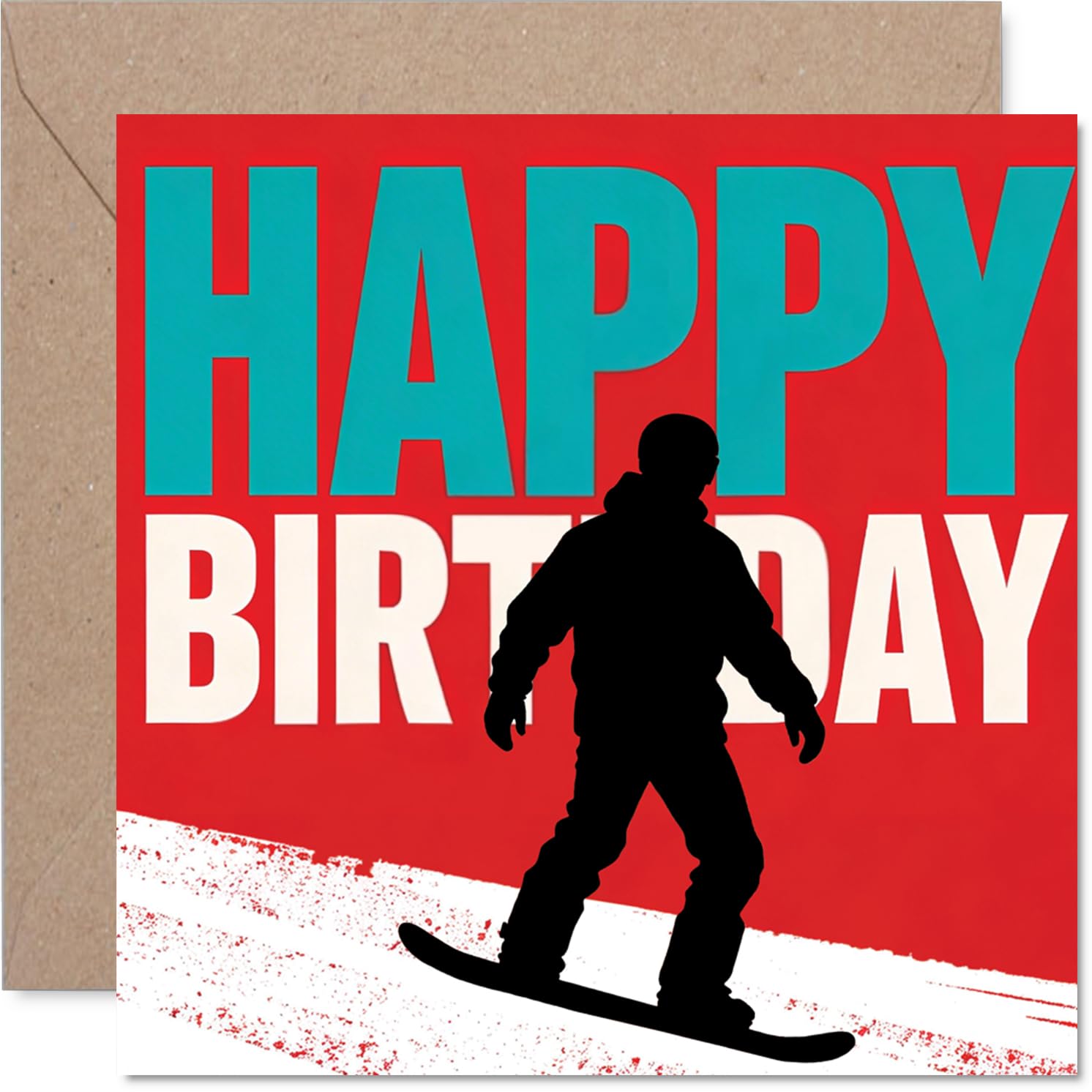 Playful Birthday Card - Amp Up the Birthday Energy - Bold Snowboarder Silhouette on Vibrant Red - Striking Design for Lovers of Winter Sports - 145mm Square, Envelope Included