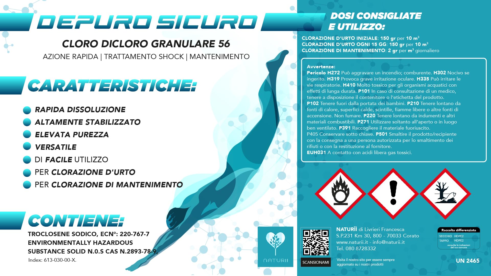 Naturii Kg 10 Cloro Dicloro Granulare al 56 % Alta solubilità, stabile, Trattamenti clorazione D'Urto Shock e Mantenimento