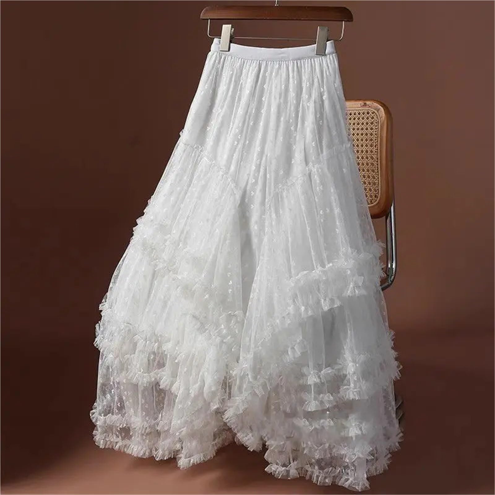 Gonna a Rete Irregolare da Vacanza in Tinta Unita alla Moda Vintage | Gonna a rete irregolare da vacanza Abito da torta da fata pieghettato a vita alta con bordo volant