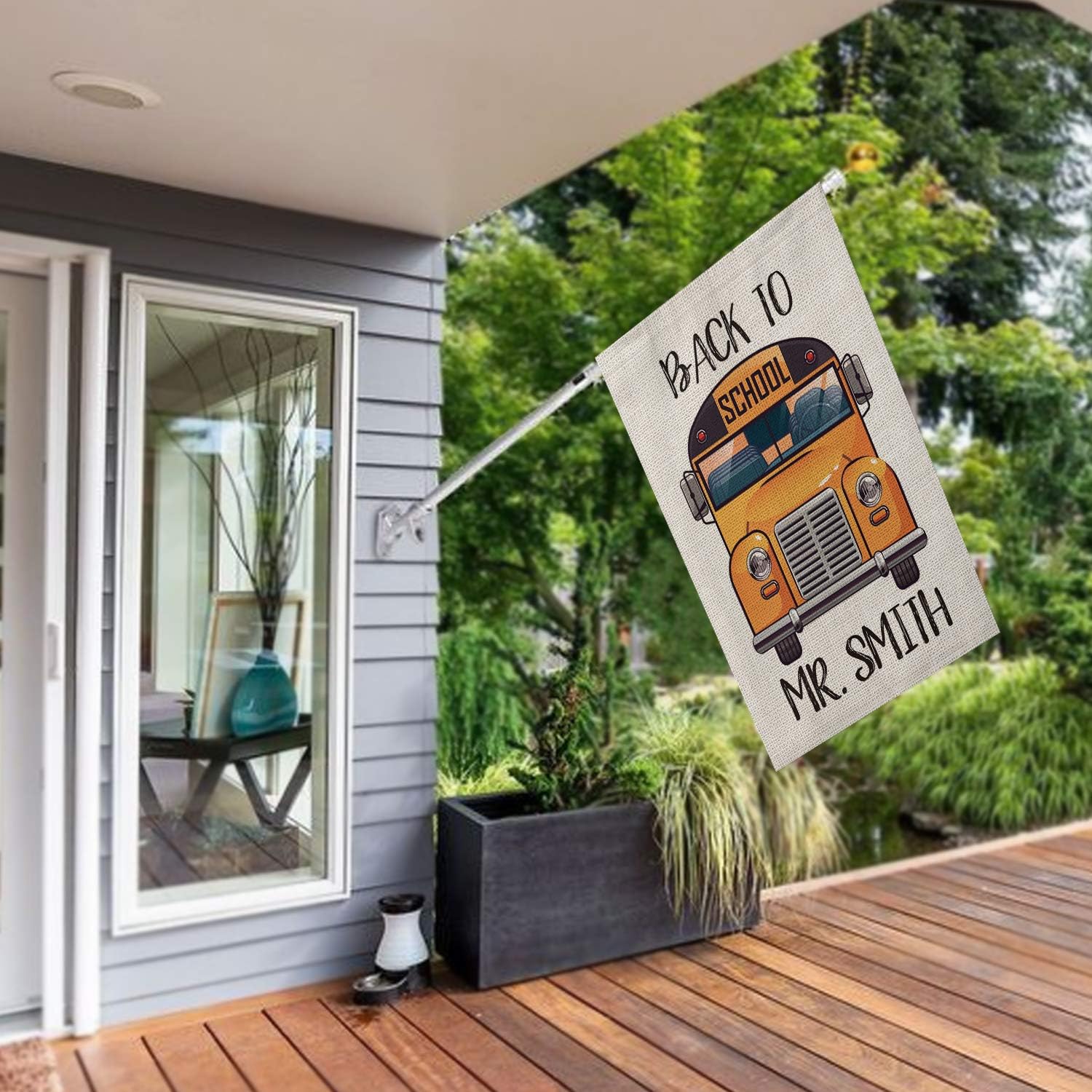 SMILE Personalized Back to School Bus House Flag, The First Day of School Customized Name, Double Sided 28 x 40 Inch Rustic Farmhouse Burlap Yard Outdoor Decoration