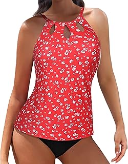 Bikini con aros para mujer, traje de baño tankini de dos piezas con cuello alto para mujer, trajes de baño con estampado floral sin tirantes para mujer