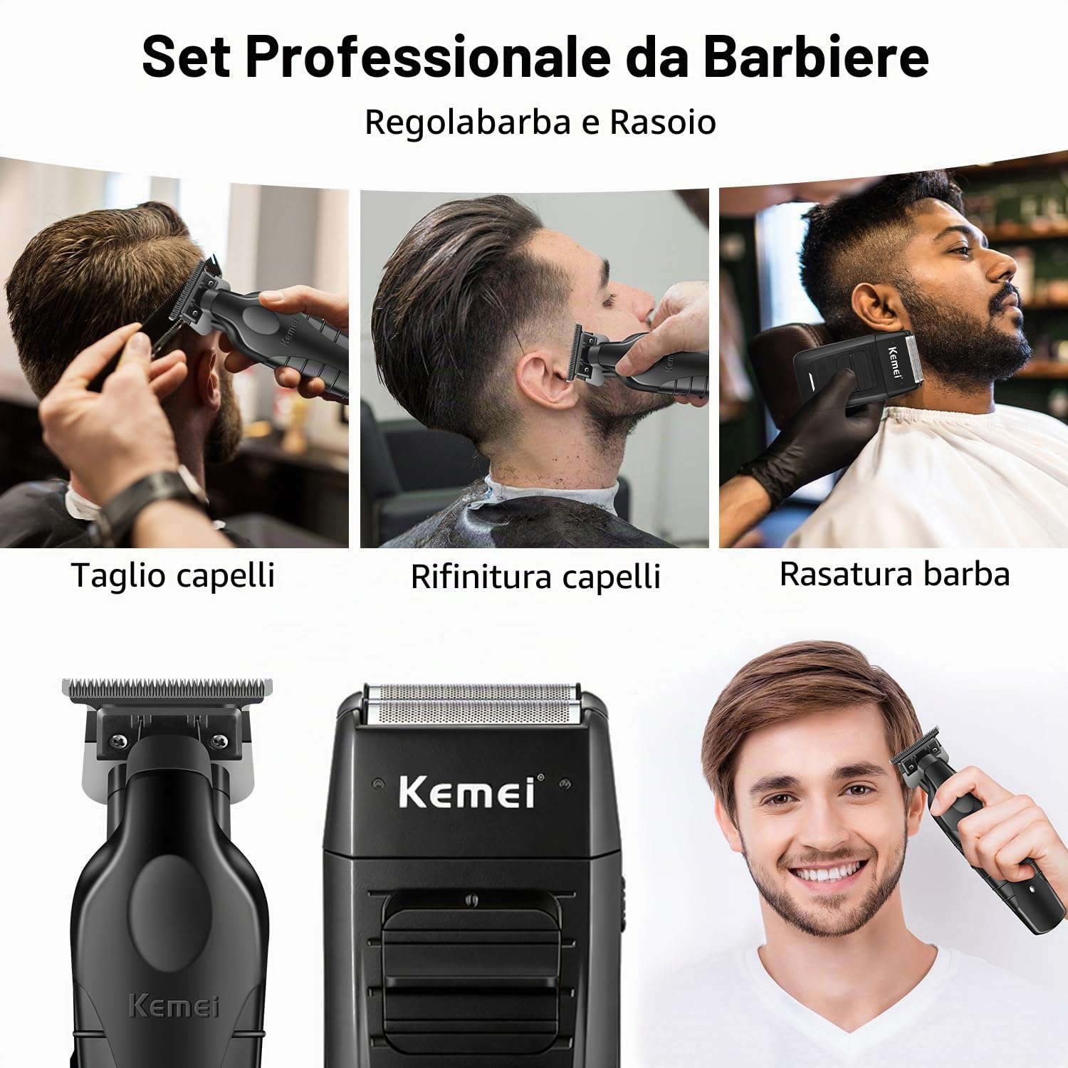 KEMEI Set di tagliacapelli professionali e rasoi a lamina, tagliacapelli senza fili per uomo, kit rasoio elettrico da barbiere, rasoio a T Blade Zero Gapped, ricaricabile tramite USB