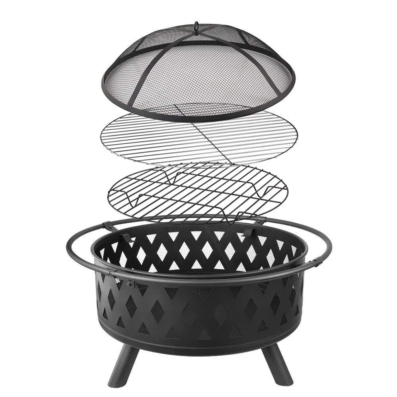 Brasero para Hoguera Parrilla de Hierro para Barbacoa, Cuenco para Hoguera con Malla, Cubierta de Pantalla de Chispa para Acampar, Picnic, Hoguera, Patio, Jardín, Playas
