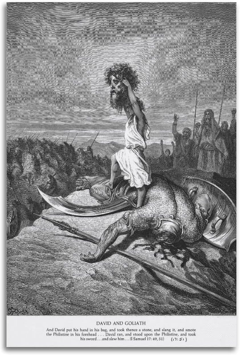 Gustave Doré David And Goliath Poster Work Canvas Print Wall Art, Biblical Engraving Art Style with Dramatic Monochrome Epic Battle Elements, Wall Decor for Living Room Bedroom Home Off 24x36inch(60x
