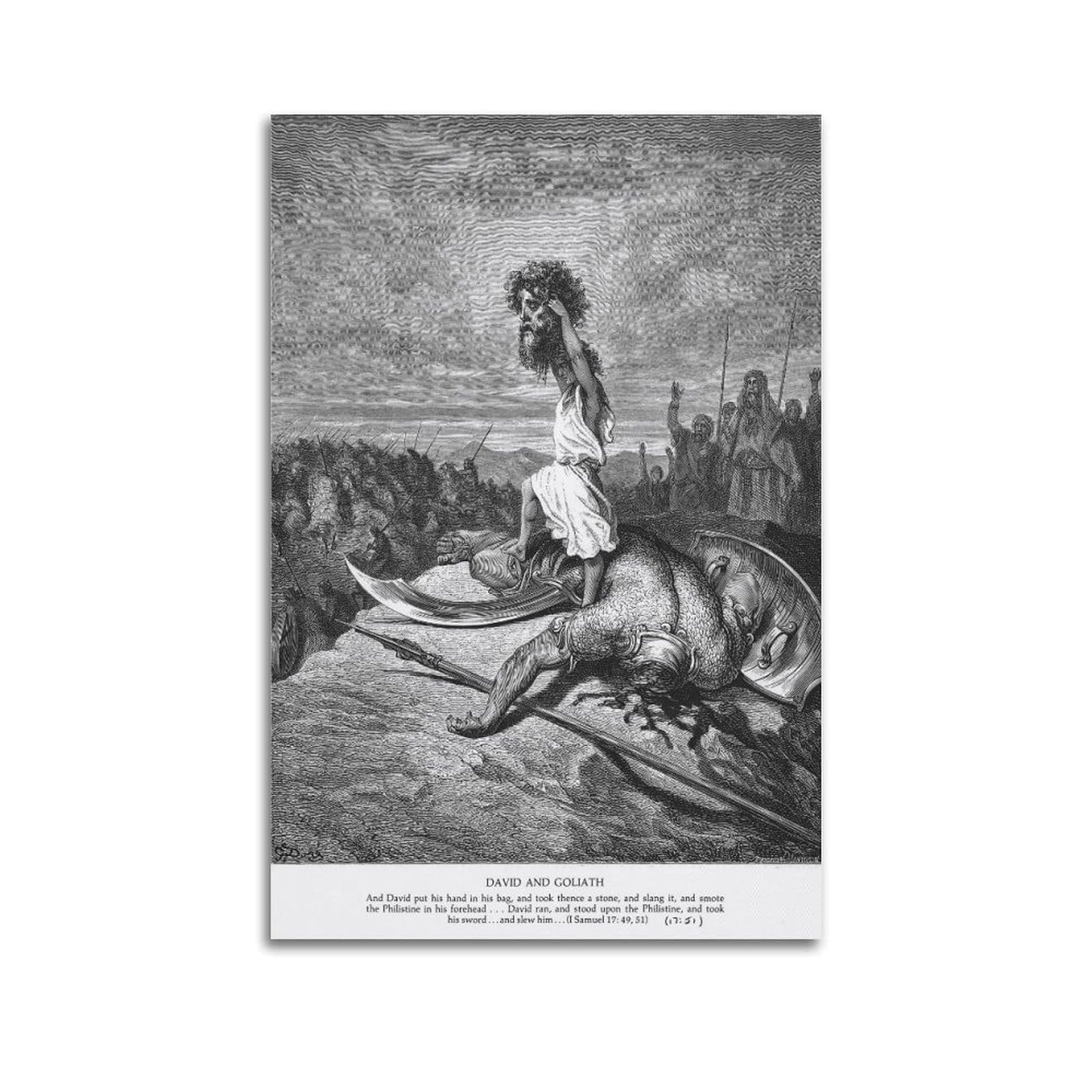 Gustave Doré David And Goliath Poster Work Canvas Print Wall Art, Biblical Engraving Art Style with Dramatic Monochrome Epic Battle Elements, Wall Decor for Living Room Bedroom Home Off 24x36inch(60x