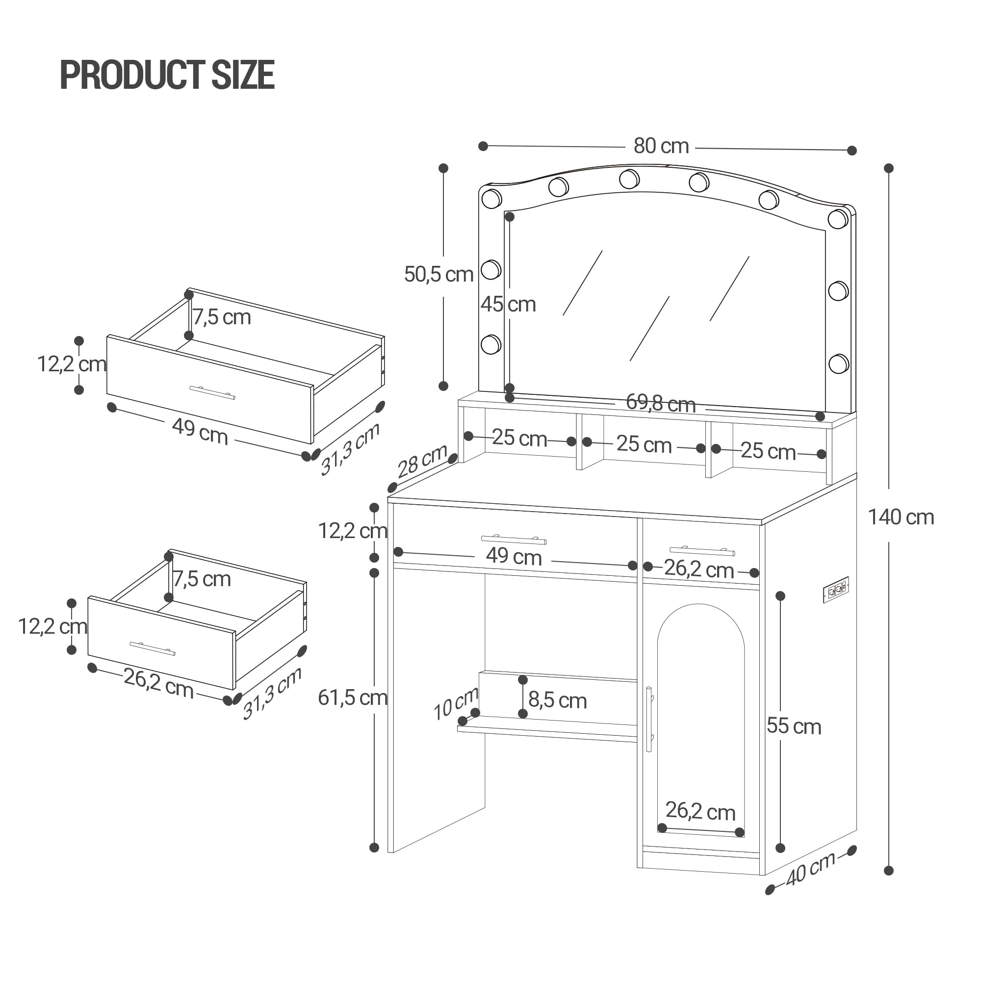 Hzuaneri Vanity, DużE Lustro Hd, 3-Kolorowe Regulowane śWiatłA Led, Ze Stacją łAdująCą, 2 Gniazdami Ac I 2 Portami Usb, 2 Szufladami I 1 Szafką Do Przechowywania, BiałO-ZłOta DT361HDT