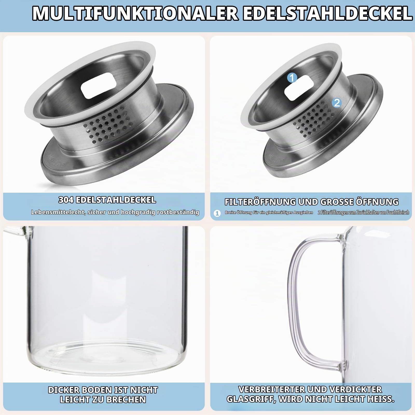 Yirilan 2 L Glaskaraffe mit Deckel, Wasserkrug, Transparentes – Ansicht 5