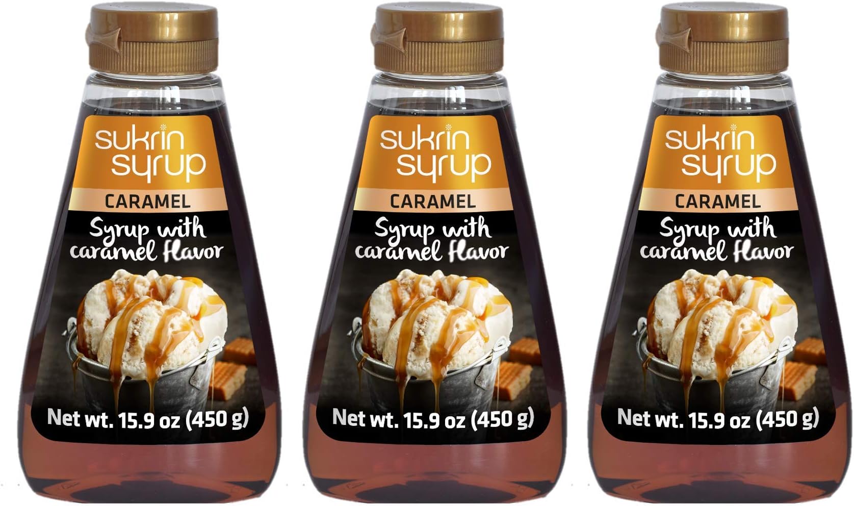 Sukrin Sugar Free Caramel Syrup - with Fiber, Erythritol and Stevia, Gluten-free, Keto and Low Carb Sweetener, Vegan, Desserts and Breakfast, Pancakes, Waffles, Granola, Coffee, Tea, Non-GMO, 450 g (3-pack)