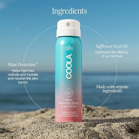 COOLA Clear Sunscreen Spray Kit, Travel Size 3 Pack, SPF 30 & 50, 2 fl oz | Organic, Water Resistant, Body & Face SPF, Lightweight, Non-Aerosol Spray, Fragrance Free & Scented, Dermatologist Tested
