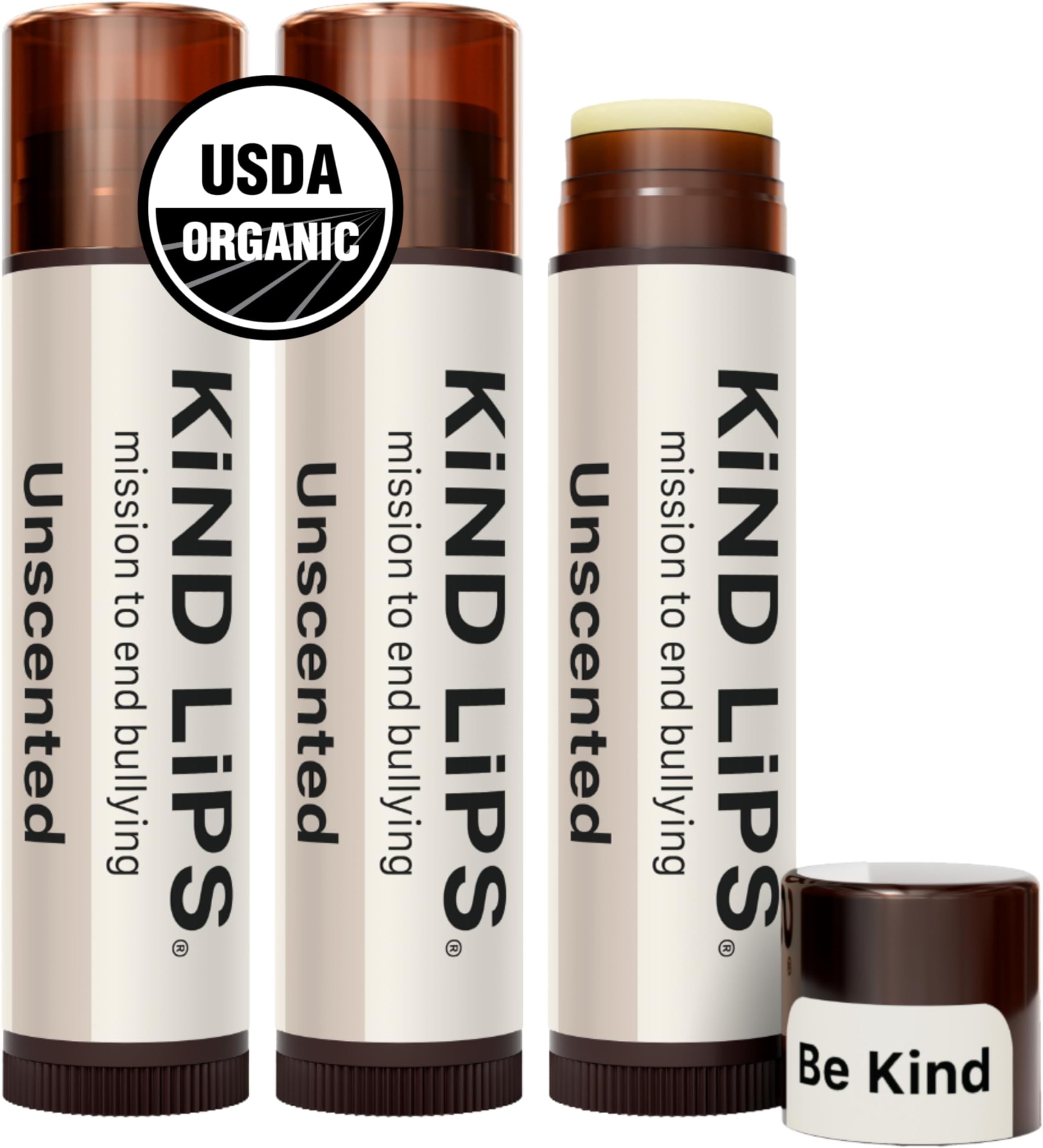 Kind Lips USDA Organic Lip Balm Unscented 3 Pack – 100% Natural, Moisturizing Lip Care with Beeswax. Hydrates & Nourishes Dry, Chapped Lips. Cruelty-Free, Eco-Friendly, and Non-Toxic. Unflavored