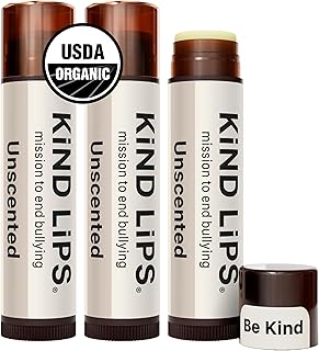 Kind Lips USDA Organic Lip Balm Unscented 3 Pack – 100% Natural, Moisturizing Lip Care with Beeswax. Hydrates & Nourishes Dry, Chapped Lips. Cruelty-Free, Eco-Friendly, and Non-Toxic. Unflavored