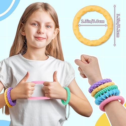 Miniatura 2 de Paquete de 5 pulseras elásticas de silicona de colores macarrón, juguetes para la ansiedad para niños, diseño texturizado, juguetes sensoriales