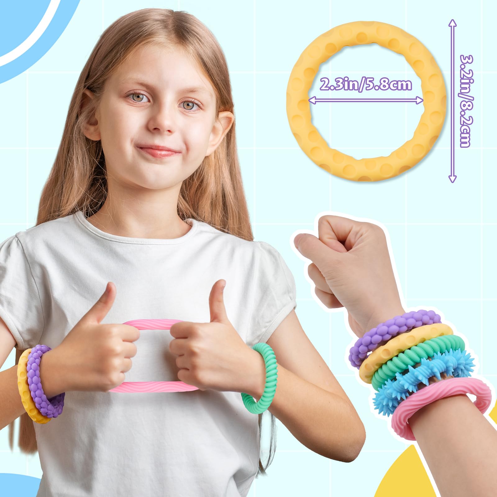 NiToy 5-Pack Macaron Colors Silicone Stretchy Bracelet Fidget Toys for Kids, Textured Design Sensory Chew Toys for Anxiety Relief and Focus, Wearable Stress Relief Band Toys for Toddlers and Children - Image 2