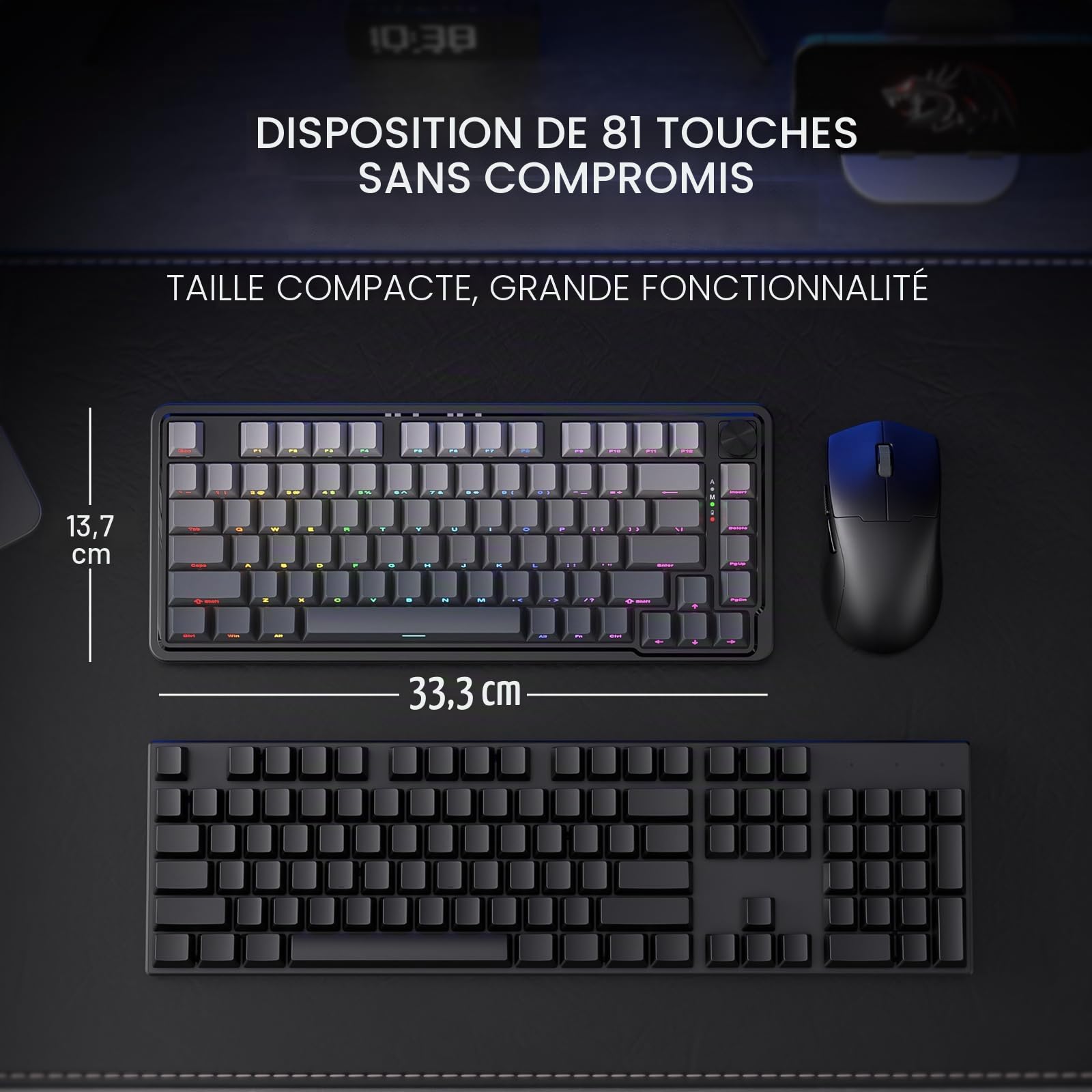 Redragon K673 GB Clavier Mecanique sans Fil Gasket 75 81 Touches PBT | Clavier mecanique sans fil Gasket 75 pourcent 3 modes 81 touches PBT controle bouton dedie attenuation bruit 5 couches