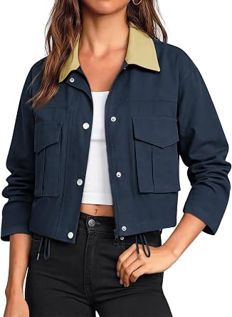 COCCKO Womens Cropped Jacket Zip Up Lightweight Bomber Button Drawstring Oversized Utility Casual Coats With Pockets