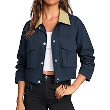 COCCKO Womens Cropped Jacket Zip Up Lightweight Bomber Button Drawstring Oversized Utility Casual Coats With Pockets