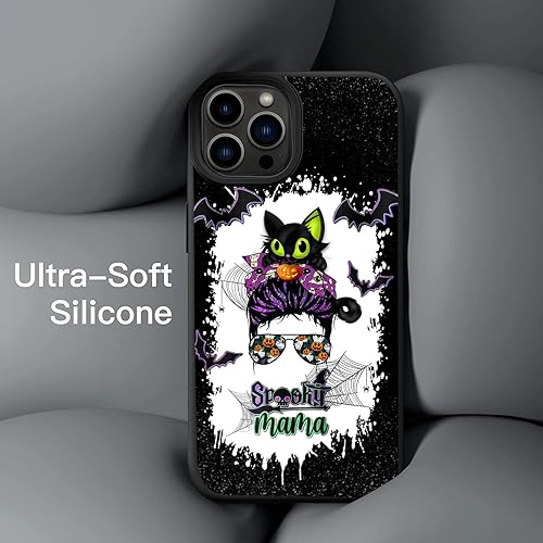 Miniatura 2 de Funda de teléfono de Halloween con diseño de gato negro desordenado y murciélagos espeluznante para mamá, compatible con iPhone 15, 14, 13, 12, 11