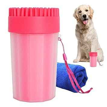 Dog paw cleaner, AdogluS 2 in 1 silicone dog foot cleaner cleaning cup Portable pet cleaning brush foot cleaner for dogs and cats to comb with mud claws (Pink)