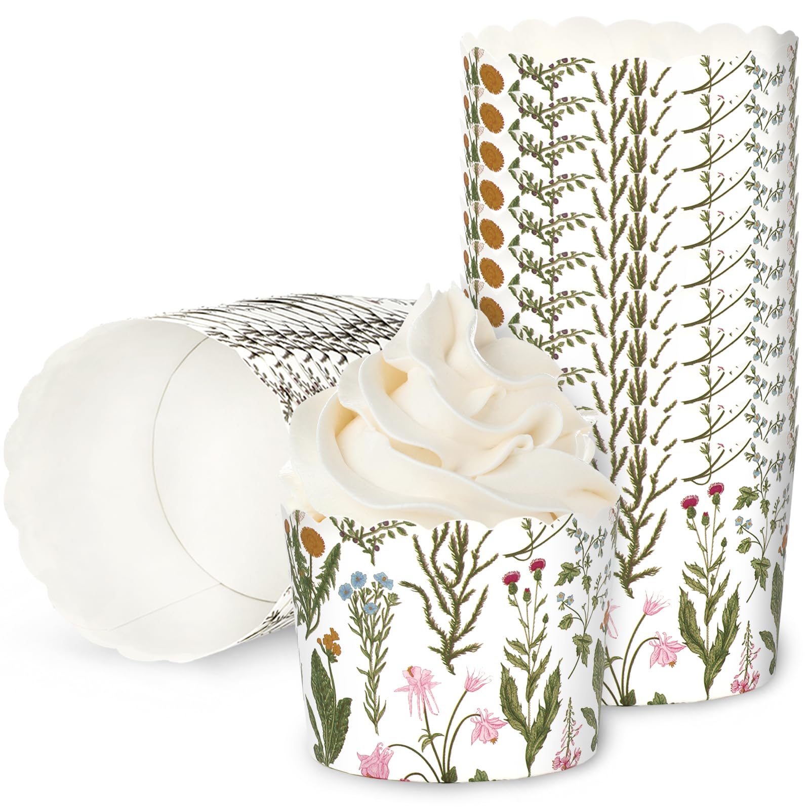 JarThenaAMCS 100 Stück Wildblumen-Papier-Backförmchen, bunte Blumenmuster, Cupcake-Förmchen, gewellter Rand, Cupcake-Muffinförmchen für Frühling, Sommer, Partyzubehör