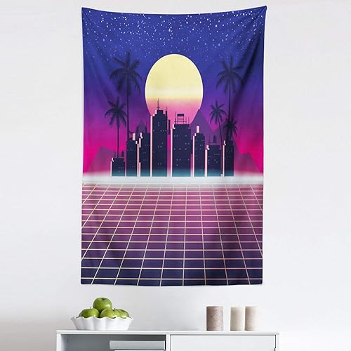 Lunarable Disco Tapestry, Synthwave Retro City Palms Sun and Grid in Vibrant Tones, Fabric Wall Hanging Decor for Bedroom Living Room Dorm, 30" X