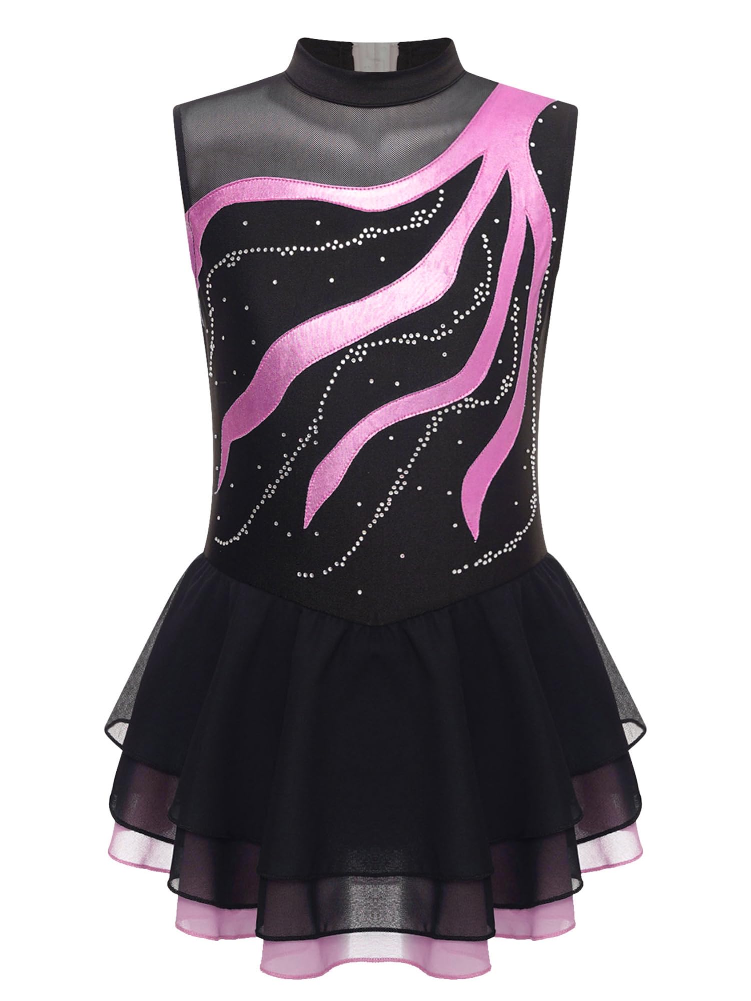 IEFIEL Vestido de Patinaje Artístico para Niña Maillot Ballet con Falda Malla de Gimnasia Rítmica sin Mangas con Lentejuelas Brillantes Vestido de Danza Lírica — view 39