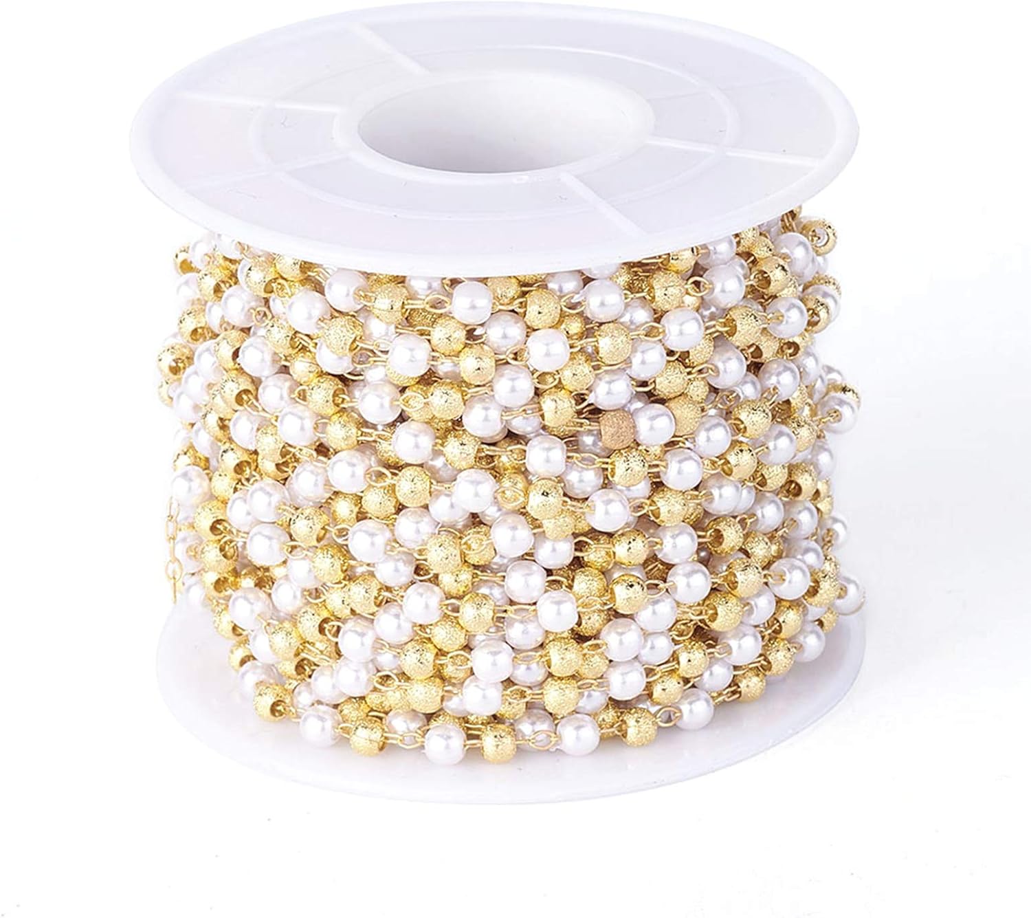 Craftdady 32 Feet Handmade Acrylic Pearl Golden Beaded Ball Chain Round Bead Link Chain Soldered with Spool for Pendant Necklace Bracelet Earring Jewelry Craft Making
