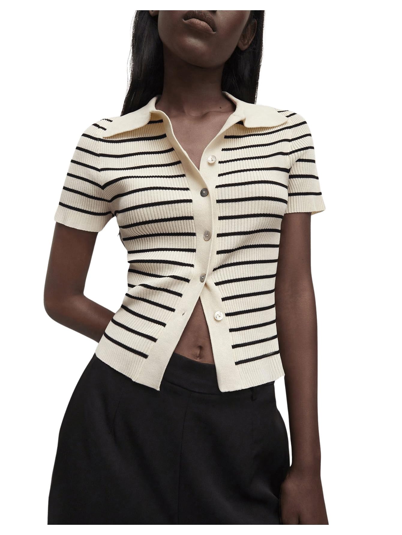 Floerns Women's Lapel Collar Striped Print Short Sleeve Button Down Knitwear Sweater Apricot Large