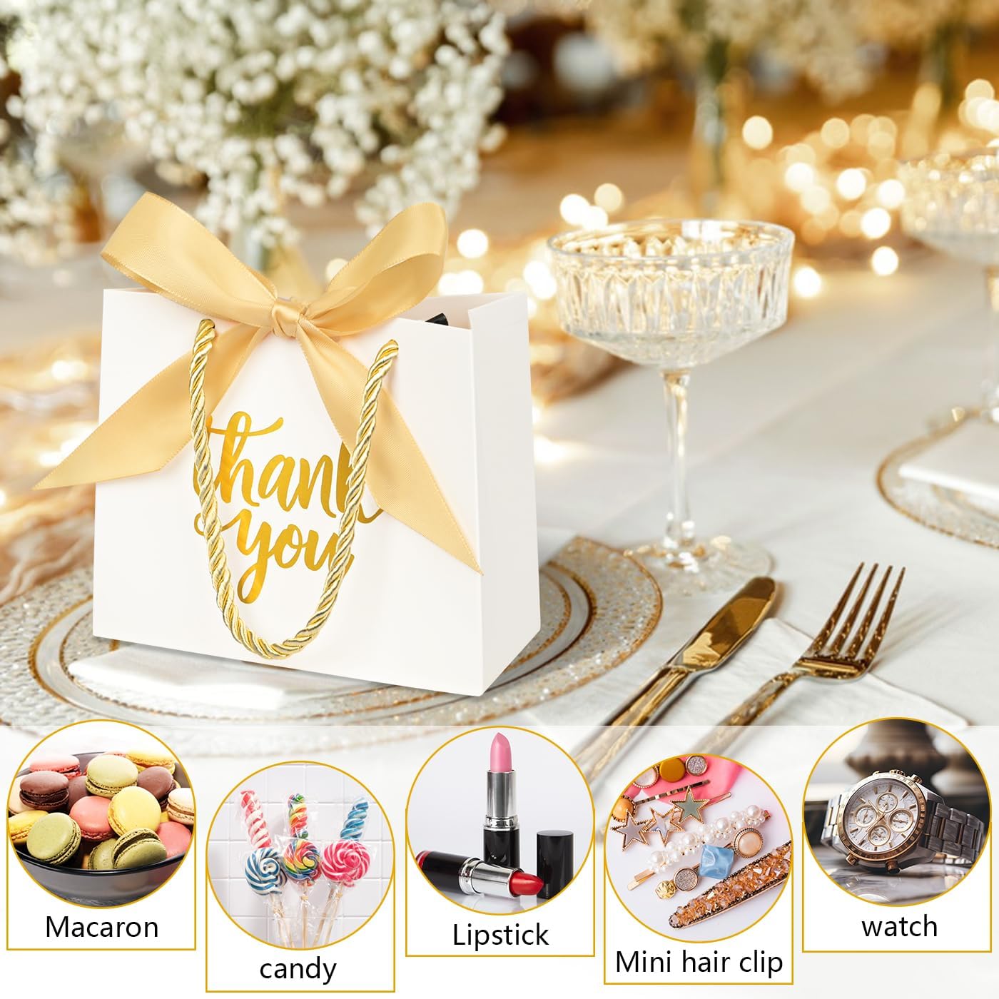 Nimbbex 50Pack Thank You Gift Bags with Handles, Party Favor Bags 5.5x2.3x4.7 Inches Small White Gift Bags with Handles, Mini Paper Candy Bags with Gold Ribbon for Wedding Baby Shower Birthday - Image 4
