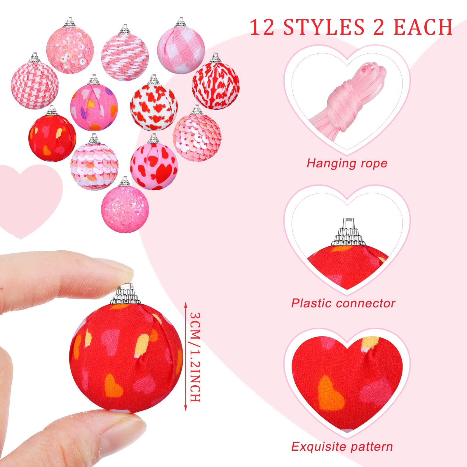 24 bolas de San Valentín adornos para árbol de 30 mm colgantes con purpurina rústica para decoración de fiesta de San Valentín (rosa, blanco, estilo romántico)