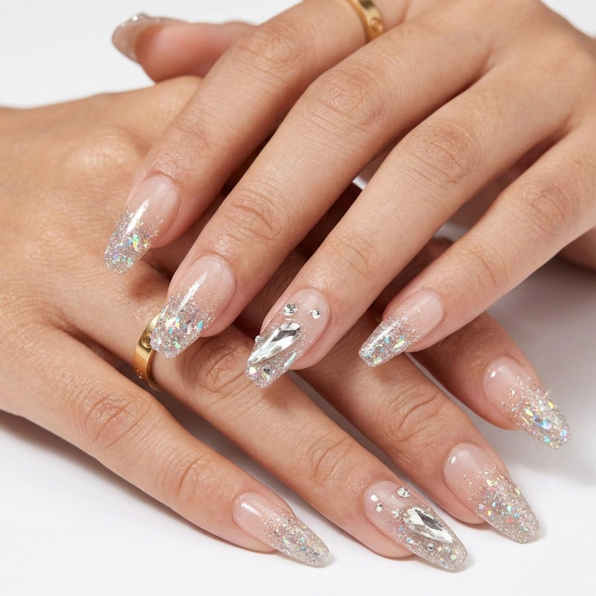 Luxury Diamond Press on Nails for Women, 24Pcs Holographic Glitter Ombre Artificial Nails Set for Girls, Long Almond False Nails Set with Glue Stickers for Bridal, Wedding, Diwalli-image-42