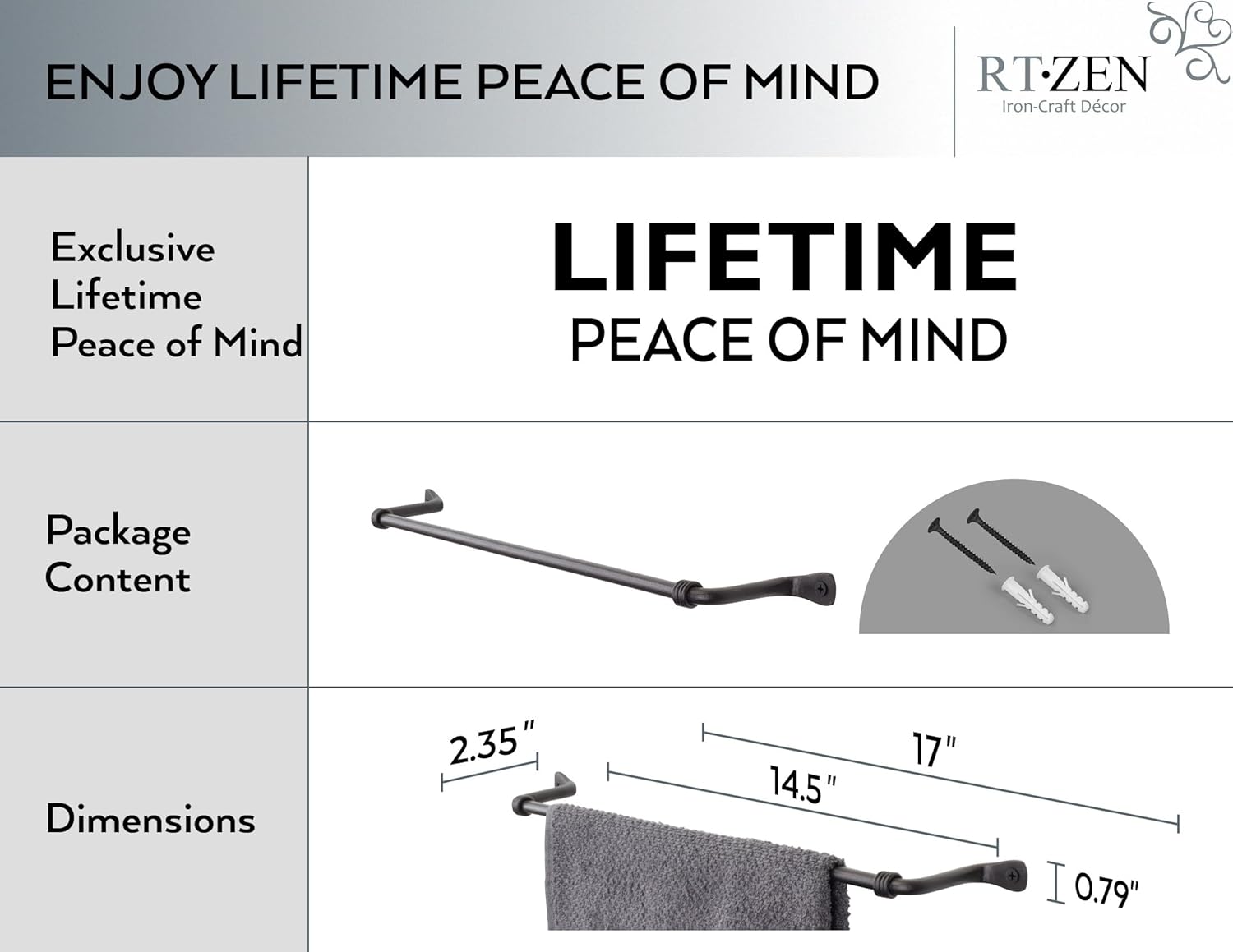 RTZEN Farmehouse Bathroom Towel Holder - Wrought Iron Matte Metal Black Towel Bar Wall Mount Rod - Handmade Home Decor Metal Kitchen Hanger Bar (17'' - Fits 14.5 Inch Towels) - Image 4