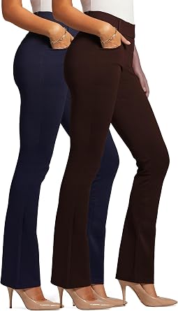 Conceited 2-Pack Stretch Slacks for Women - Wear to Work - Bootcut Dress Pants with Pockets - Navy, Brown - Large