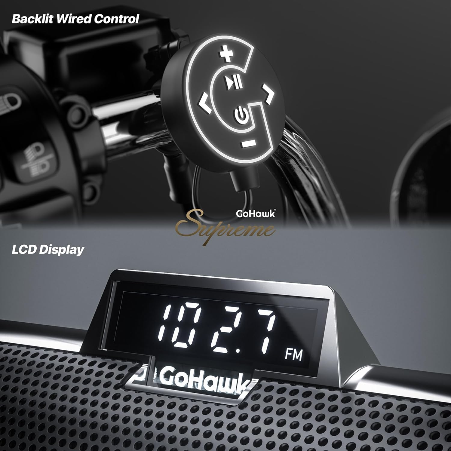 GoHawk Motorcycle Bluetooth Speakers | 8-Speaker Waterproof Stereo System w/ 4.25" External Speakers | Built-in Amplifier Aluminum Sound bar, FM Radio, USB, LED | Great for Harley, ATV, Chrome