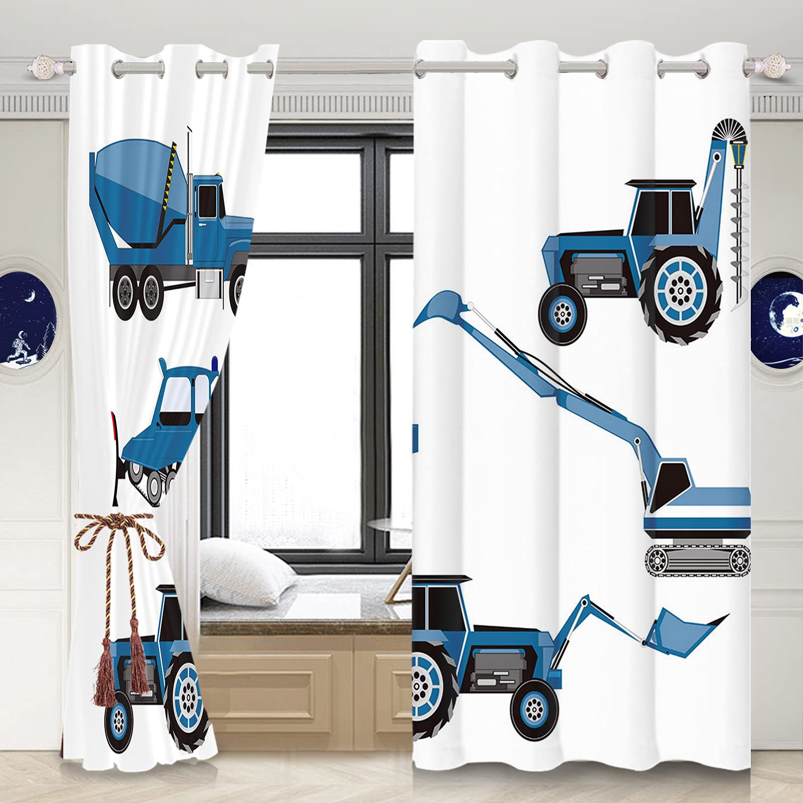 Yeele 42x63inches Boys Kids Bedroom Window Curtains Cartoon Construction Truck Blackout Curtains Bulldozer Excavator Thermal Insulated Printed Curtain 2 Panels Living Room Waterproof Polyester Drapes